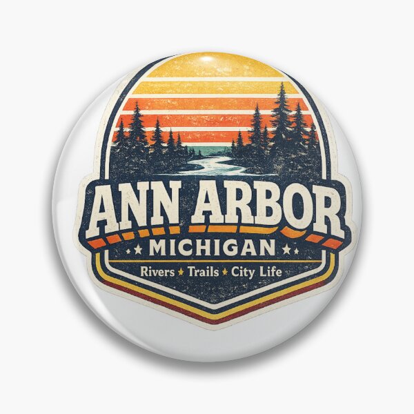 Item preview, Ann Arbor Michigan Retro Sunset Forest Badge Vintage Travel Design designed and sold by Artbysarmina.