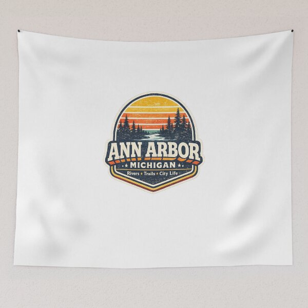 Item preview, Ann Arbor Michigan Retro Sunset Forest Badge Vintage Travel Design designed and sold by Artbysarmina.