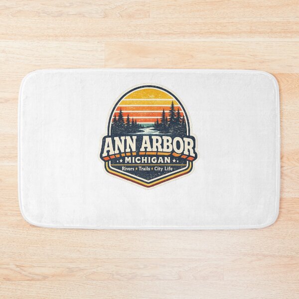 Item preview, Ann Arbor Michigan Retro Sunset Forest Badge Vintage Travel Design designed and sold by Artbysarmina.