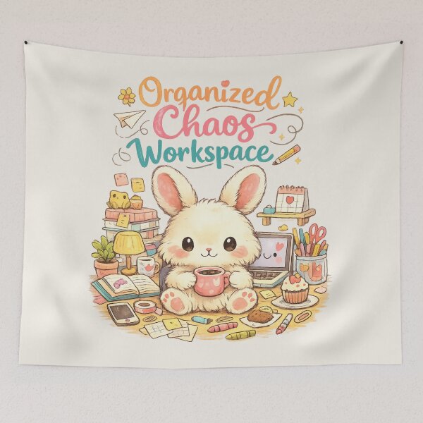 Item preview, Cute Bunny Organized Chaos Workspace - Cozy Clutter Aesthetic Desk | Kawaii Work From Home Humor Art designed and sold by PopCulturePixel.
