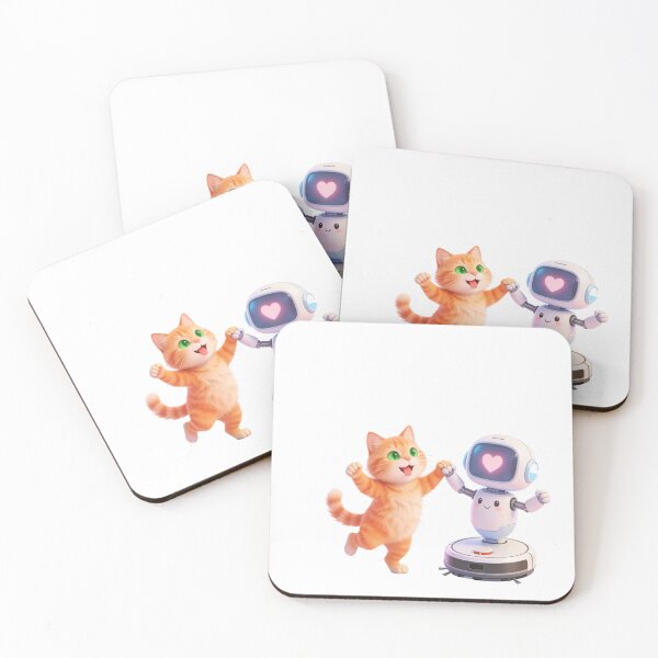 Item preview, Happy Orange Cat Dancing with Cute Robot Love Moment designed and sold by OksArtStudio.