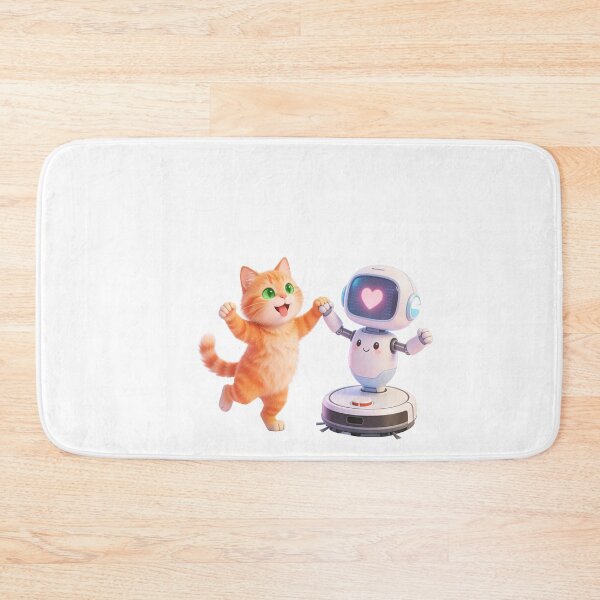 Item preview, Happy Orange Cat Dancing with Cute Robot Love Moment designed and sold by OksArtStudio.