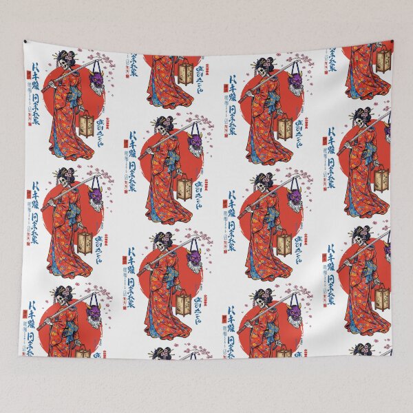 Item preview, Japanese Ukiyo-e Style Samurai Geisha Skeleton And Oni Mask Samurai Art designed and sold by Mind-Drift.