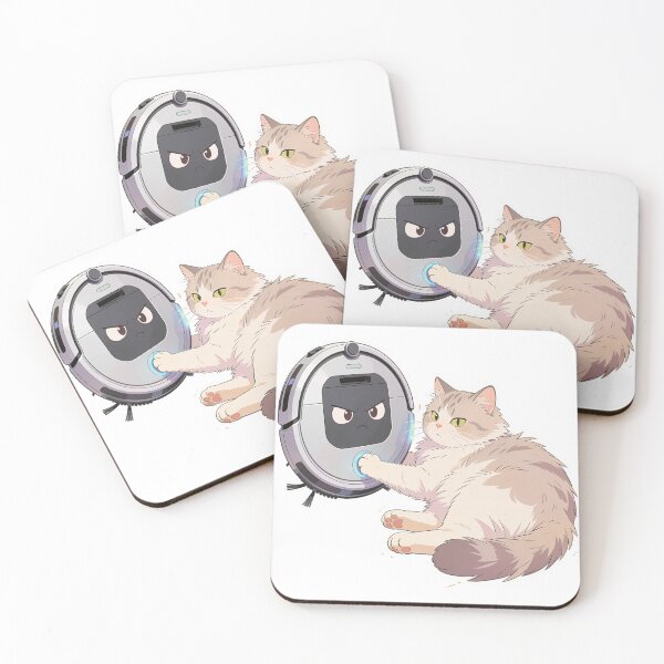 Item preview, Cute Lazy Cat Pressing Button on Angry Robot Vacuum Funny Pet Illustration designed and sold by OksArtStudio.