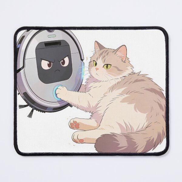 Item preview, Cute Lazy Cat Pressing Button on Angry Robot Vacuum Funny Pet Illustration designed and sold by OksArtStudio.