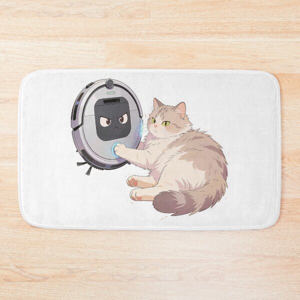Item preview, Cute Lazy Cat Pressing Button on Angry Robot Vacuum Funny Pet Illustration designed and sold by OksArtStudio.