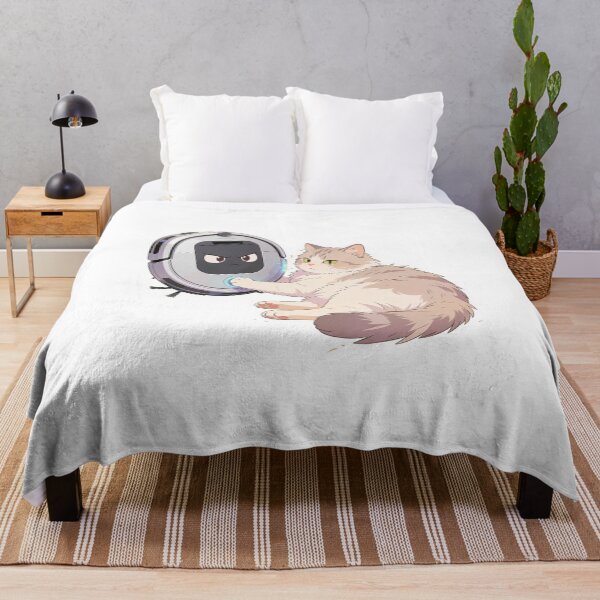 Item preview, Cute Lazy Cat Pressing Button on Angry Robot Vacuum Funny Pet Illustration designed and sold by OksArtStudio.