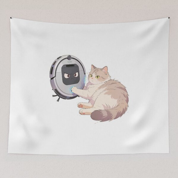 Item preview, Cute Lazy Cat Pressing Button on Angry Robot Vacuum Funny Pet Illustration designed and sold by OksArtStudio.