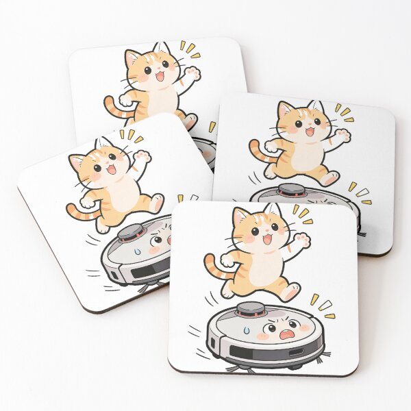 Item preview, Happy Cartoon Cat Jumping on Robot Vacuum Surprised Robot Funny Illustration designed and sold by OksArtStudio.