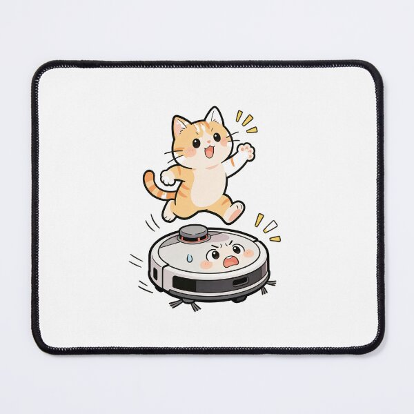 Item preview, Happy Cartoon Cat Jumping on Robot Vacuum Surprised Robot Funny Illustration designed and sold by OksArtStudio.