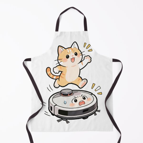 Item preview, Happy Cartoon Cat Jumping on Robot Vacuum Surprised Robot Funny Illustration designed and sold by OksArtStudio.