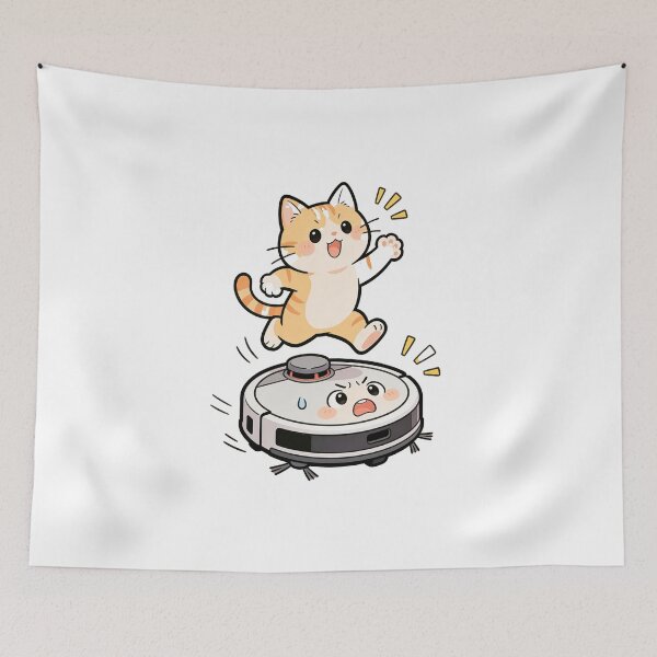 Item preview, Happy Cartoon Cat Jumping on Robot Vacuum Surprised Robot Funny Illustration designed and sold by OksArtStudio.