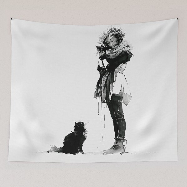 Item preview, Her Quiet Companions — Ink Sketch of a Woman with Her Cats | Monochrome Cat Lover Wall Art & Gifts designed and sold by Creative Nook.