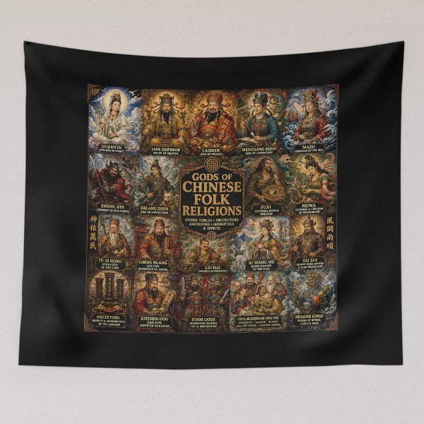 Item preview, Chinese Folk Gods Collage | Chinese Folk Religion Pantheon Art Featuring the Jade Emperor, Mazu & Caishen designed and sold by RockyLambda.