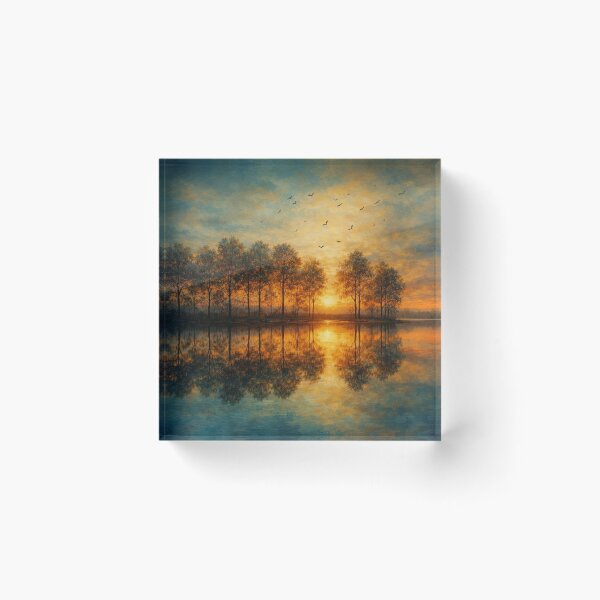 Item preview, Golden Sunset Lake Landscape Painting Nature Serenity Art designed and sold by Joey Santiago.