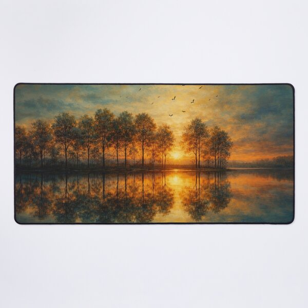 Item preview, Golden Sunset Lake Landscape Painting Nature Serenity Art designed and sold by Joey Santiago.