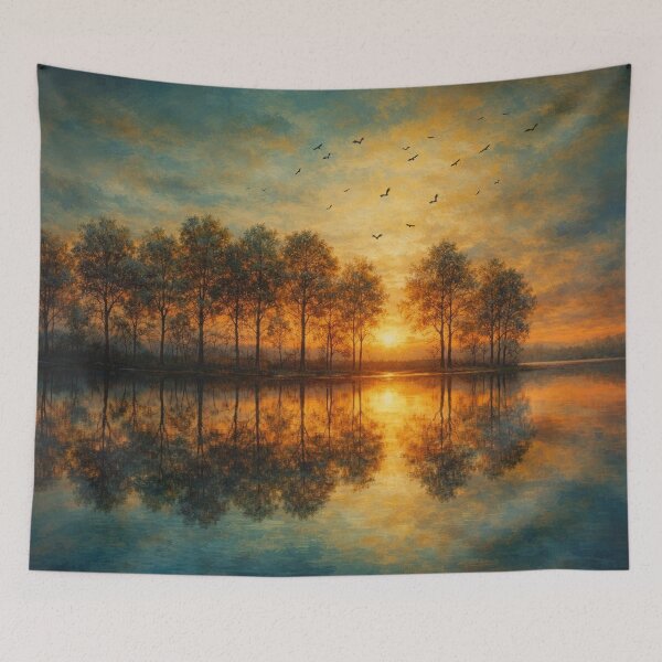 Item preview, Golden Sunset Lake Landscape Painting Nature Serenity Art designed and sold by Joey Santiago.