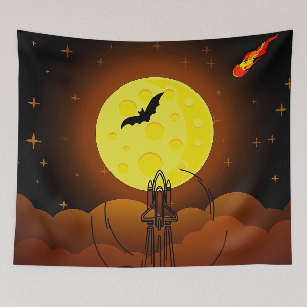 Item preview, space rocket launch with big yellow moon cartoon art designed and sold by FahdSpaceArt.