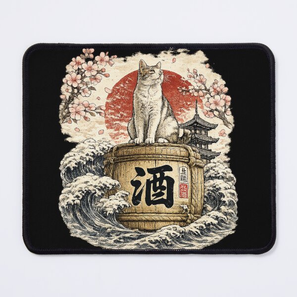 Item preview, Sake Cat | Japanese Ukiyo-e Wave Barrel Art designed and sold by Aguri-tei.