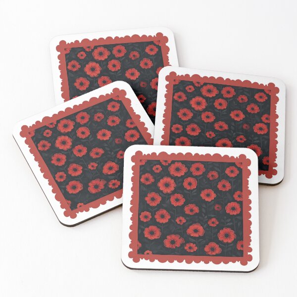 Item preview, Red flowers on a black fabric background designed and sold by lucyinspace.