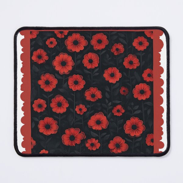 Item preview, Red flowers on a black fabric background designed and sold by lucyinspace.