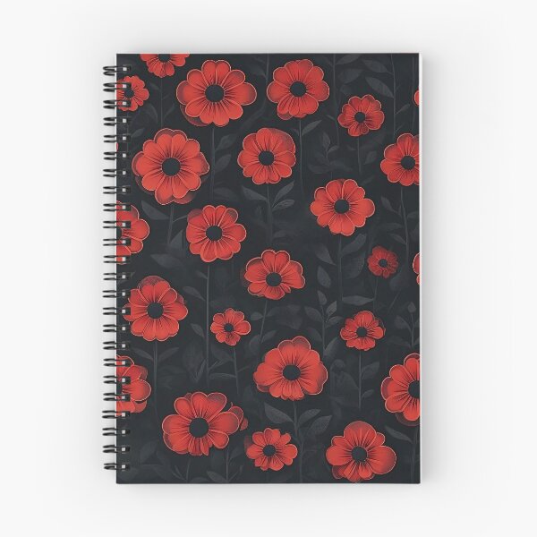 Item preview, Red flowers on a black fabric background designed and sold by lucyinspace.