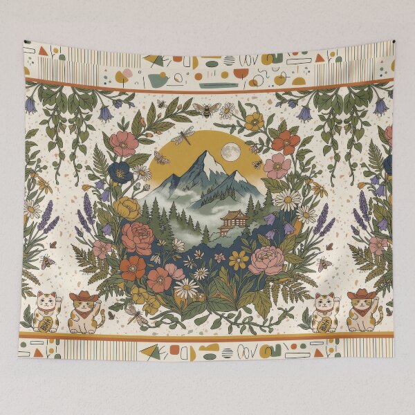 Item preview, floral mountain dragonfly bees cats retro nature  designed and sold by Kate1art.