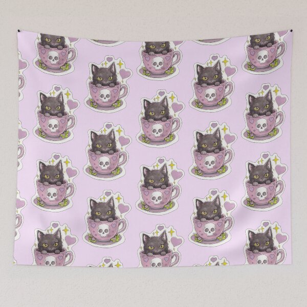 Item preview, Teacup Kitty — Cute Hand Drawn Gothic Cat Art designed and sold by Darkfully-Done.