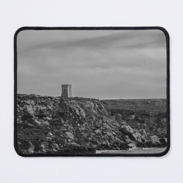 Item preview, Moody Black and White Coastal Cliffs and Watchtower Overlooking Rocky Sea Shore designed and sold by Nmallia.