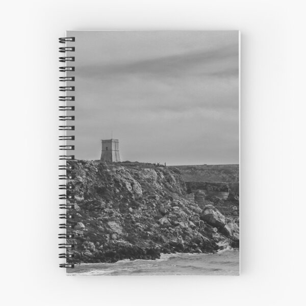 Item preview, Moody Black and White Coastal Cliffs and Watchtower Overlooking Rocky Sea Shore designed and sold by Nmallia.