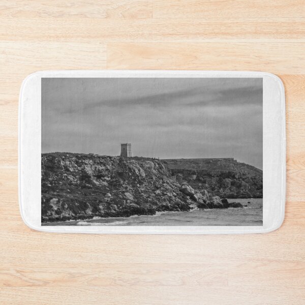 Item preview, Moody Black and White Coastal Cliffs and Watchtower Overlooking Rocky Sea Shore designed and sold by Nmallia.