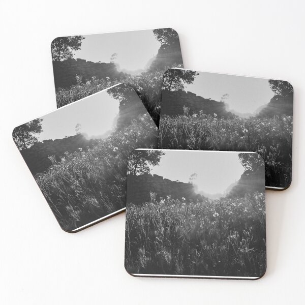 Item preview, Backlit Wildflower Meadow at Sunrise With Stone Wall and Trees in Black and White designed and sold by Nmallia.