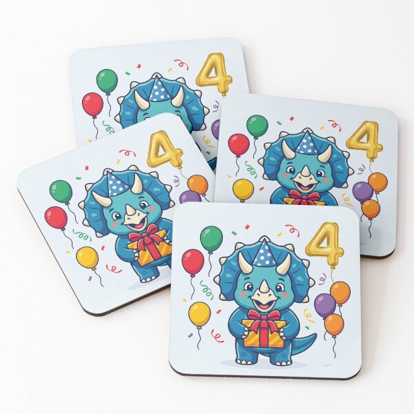 Item preview, Four Saurus blue triceratops 4th birthday boy/girl gift kids dino party designed and sold by Tronstell.