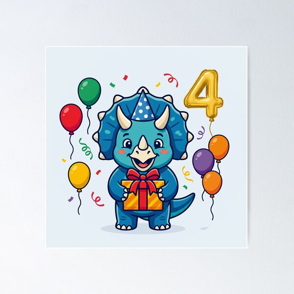 Item preview, Four Saurus blue triceratops 4th birthday boy/girl gift kids dino party designed and sold by Tronstell.