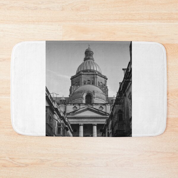 Item preview, Black and White Cathedral Dome Rising Above Narrow Street With Classical Columns and Historic Facade designed and sold by Nmallia.