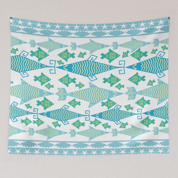 Item preview, Blue Tribal Fish Seamless Pattern with Ethnic Geometric Border Decorative Background designed and sold by EiArtist.