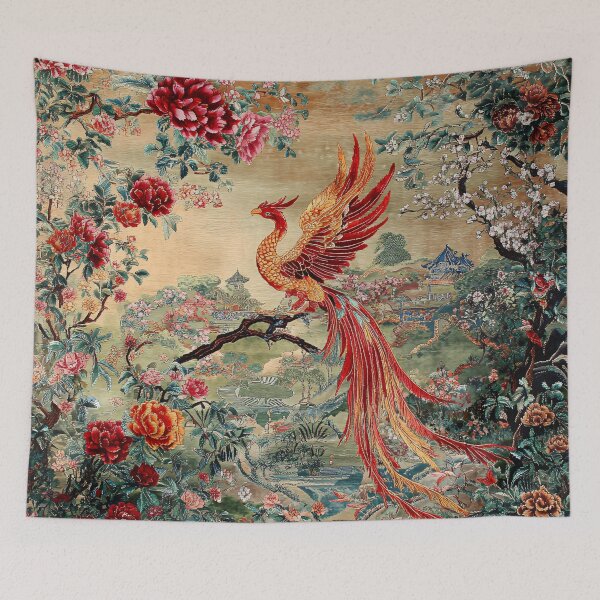 Item preview, Phoenix in Bloom – Oriental Garden Art Print | Mythical Bird Floral Wall Decor designed and sold by GrinGalore.