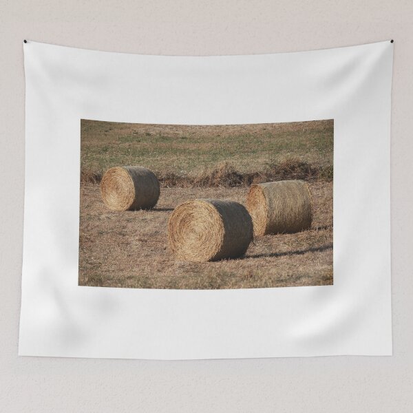 Item preview, Golden Hay Bales in Dry Field With Rural Farmhouse and Stone Walls at Sunset designed and sold by Nmallia.