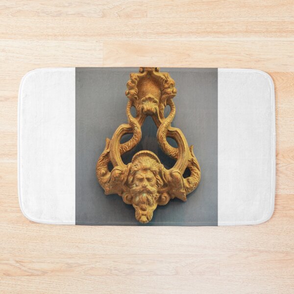 Item preview, Antique Brass Door Knocker With Ornate Lion Face on Blue Wooden Door, Vintage Entrance Decor designed and sold by Nmallia.