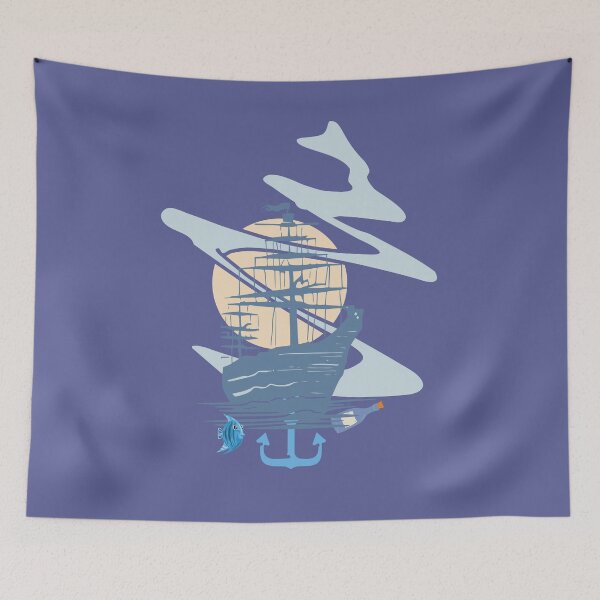 Item preview, Pastel Sailing Ship with Anchor & Massage Bottle - Calm Ocean Nautical Art. designed and sold by LunaPrintCo.