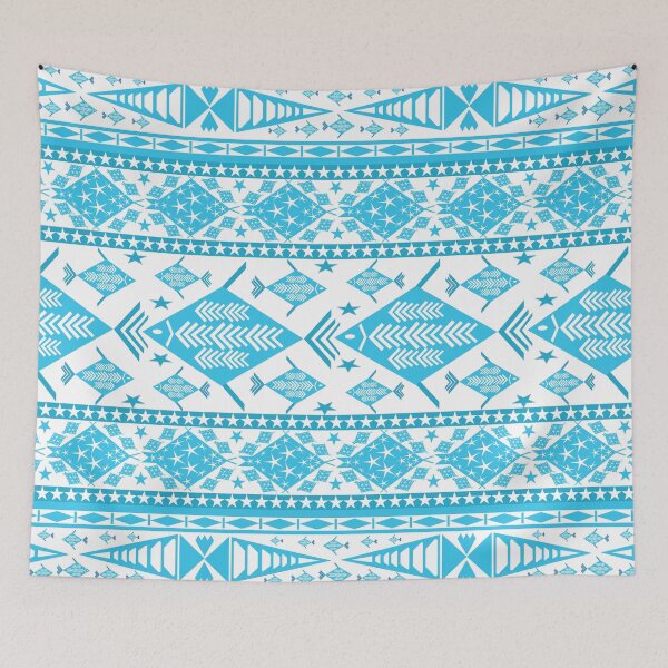 Item preview, Blue Geometric Fish Tribal Seamless Pattern, Ethnic Ocean Motif Background, Abstract Marine Folk Art Textile Design designed and sold by Ei-Ei.