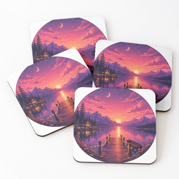 Item preview, Magical Mountain Lake Sunset Pier Cozy Cabin Painting designed and sold by Seculinator.