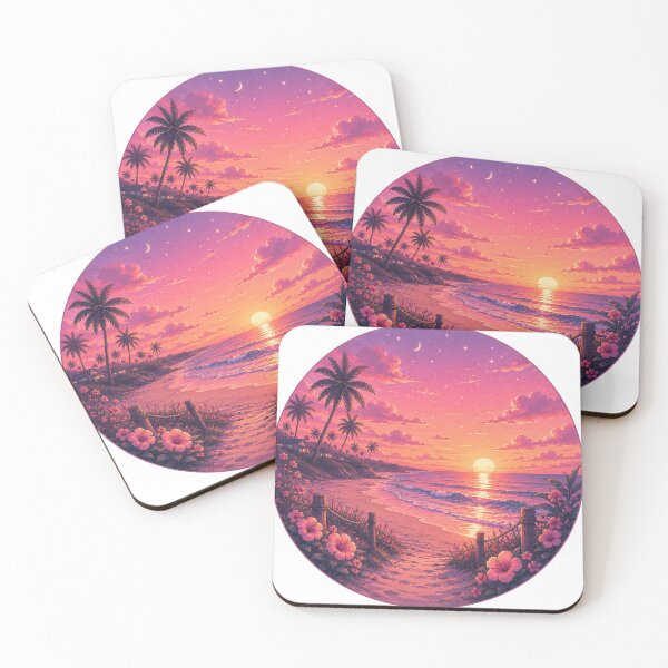 Item preview, Magical Tropical Beach Sunset Pink Hibiscus Flowers Painting designed and sold by Seculinator.