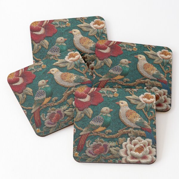 Item preview, Embroidered Songbirds & Peonies – Vintage Floral Bird Art | Asian Botanical Illustration designed and sold by GrinGalore.