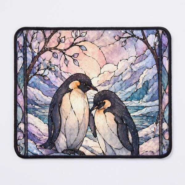 Item preview, Two Penguins Stained Glass Art Print - Arctic Love, Winter Fantasy Wall Art designed and sold by PebsPebs.
