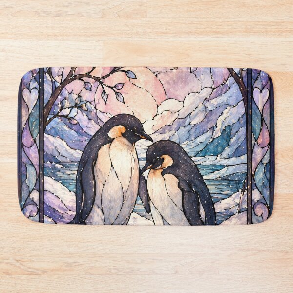 Item preview, Two Penguins Stained Glass Art Print - Arctic Love, Winter Fantasy Wall Art designed and sold by PebsPebs.