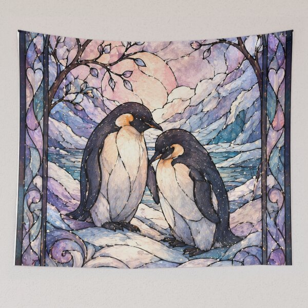 Item preview, Two Penguins Stained Glass Art Print - Arctic Love, Winter Fantasy Wall Art designed and sold by PebsPebs.