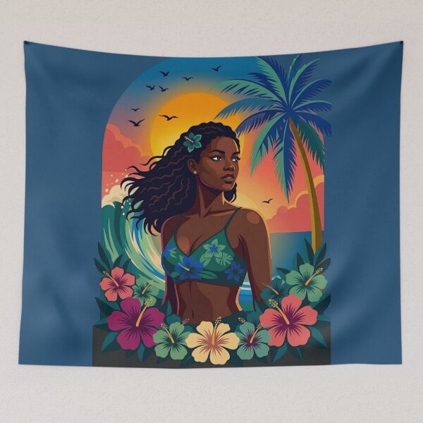 Item preview,  Tropical Paradise Sunset – Beautiful Black Woman in Hibiscus Garden designed and sold by digitalbob60.