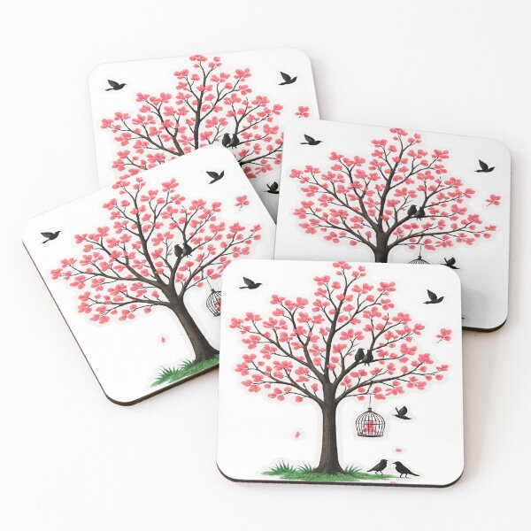 Item preview, Elegant Pink Flowering Tree and Black Birds Nature Story Wall Sticker designed and sold by ARTCREATESHOP.