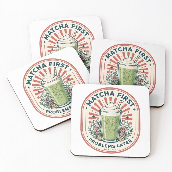 Artikelvorschau, Erst Matcha, dann Probleme – Lustiges Retro-Café-Design für Matcha-Latte-Liebhaber entworfen und verkauft von ArcticFoxStudio.